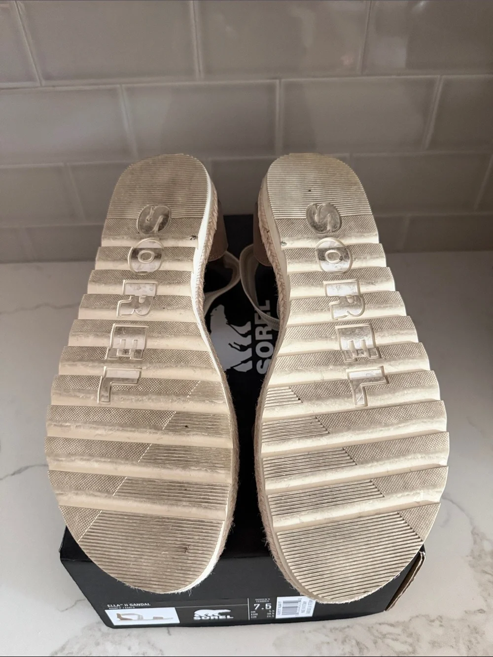 Sorel Ella II Espadrille Wedge in Taupe and Cream Straps